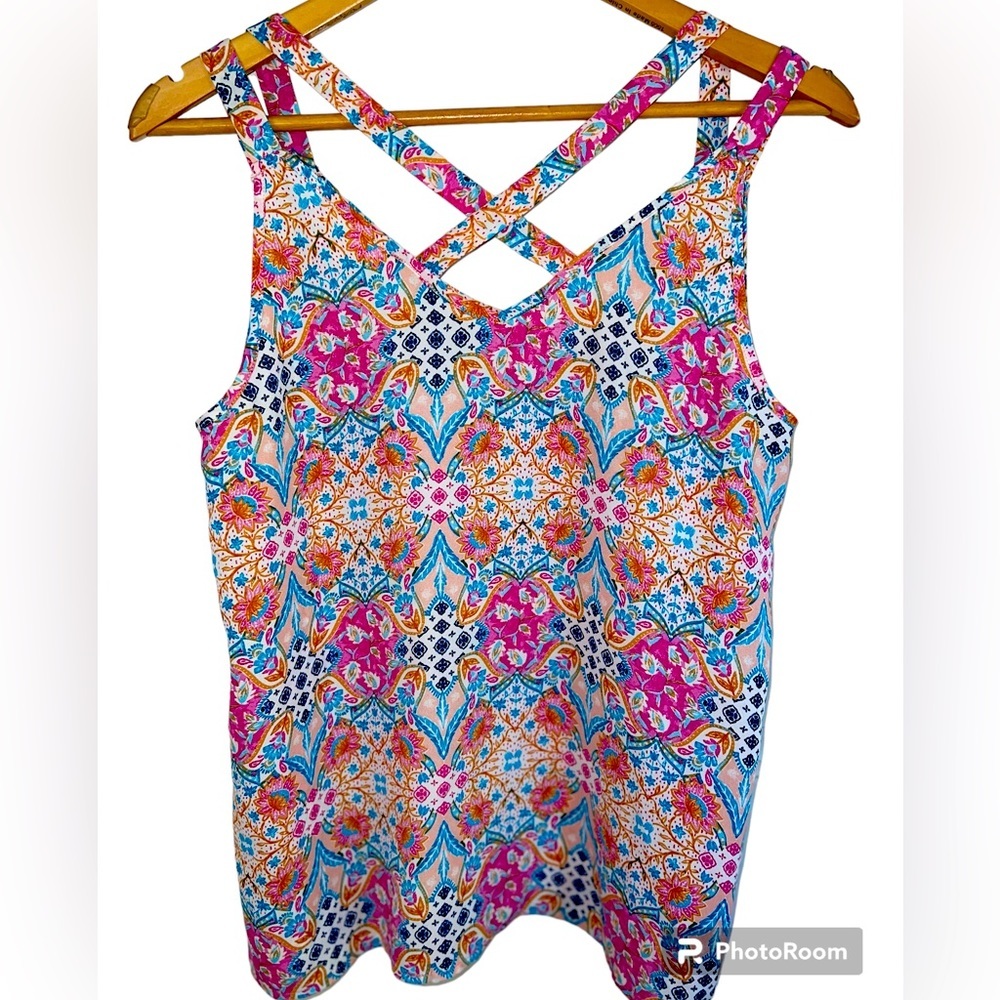 Pink Rose Floral Cross Back Tank Top Size L